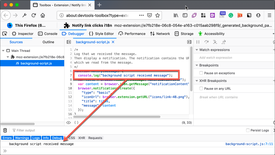 background script console log screenshot